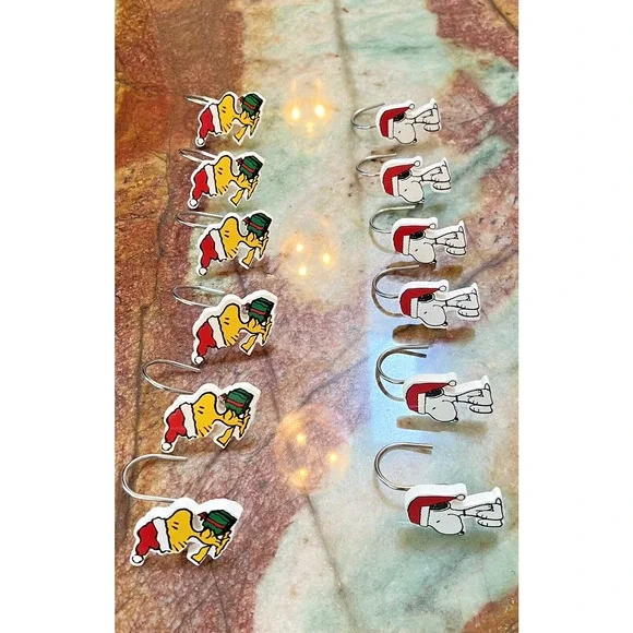 PEANUTS SNOOPY Christmas Shower Curtain & Hooks Woodstock Charlie Brown - Picture 2 of 2